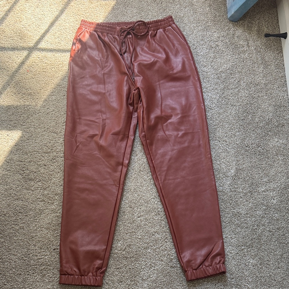 Shinestar Faux Leather Joggers in Brick Red